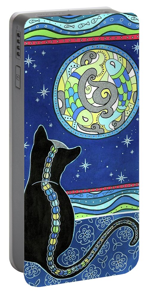 Black Cat Portable Battery Charger featuring the painting Pisces Cat Zodiac - Full Moon by Dora Hathazi Mendes
