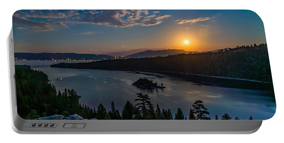 Emerald Bay Portable Battery Charger featuring the photograph Full Moon Rising on Emerald Bay by Mike Ronnebeck