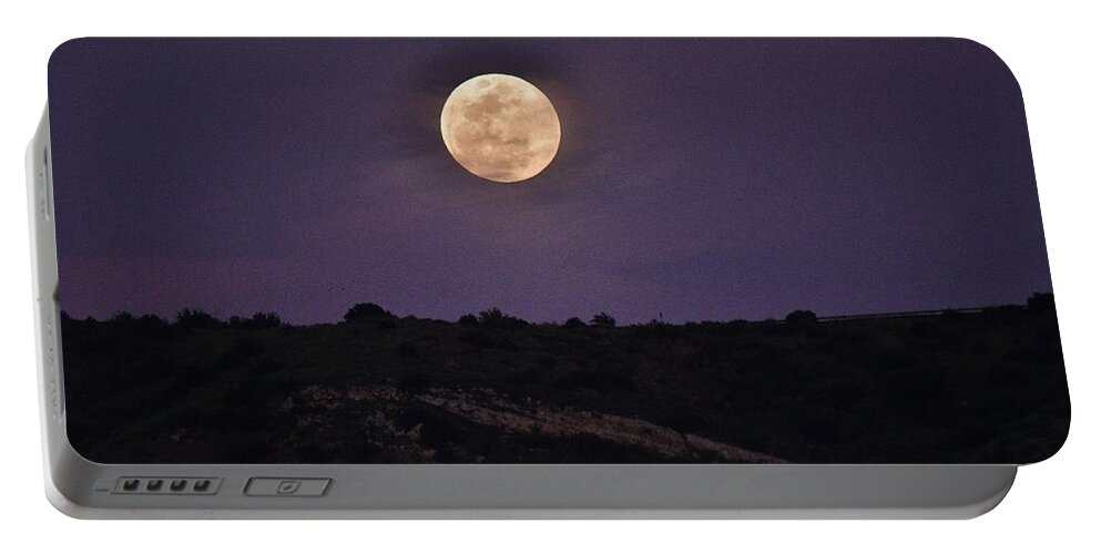 Linda Brody Portable Battery Charger featuring the photograph Full Moon Rising Over Silhouetted Hillside with Purple Sky 3 by Linda Brody