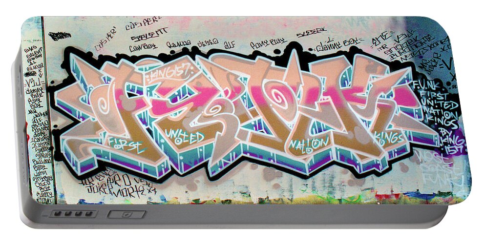 Funk Portable Battery Charger featuring the photograph FUNK, FIRST UNITED NATION KINGS, Graffiti Art by King 157, North 11th Street, San Jose, California by Kathy Anselmo