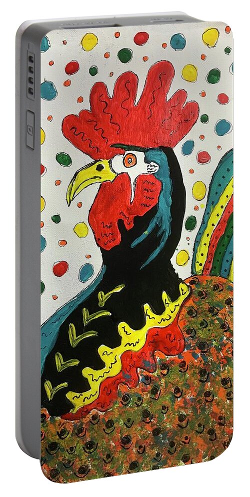 Rooster Portable Battery Charger featuring the painting Funky Rooster by Kathy Marrs Chandler
