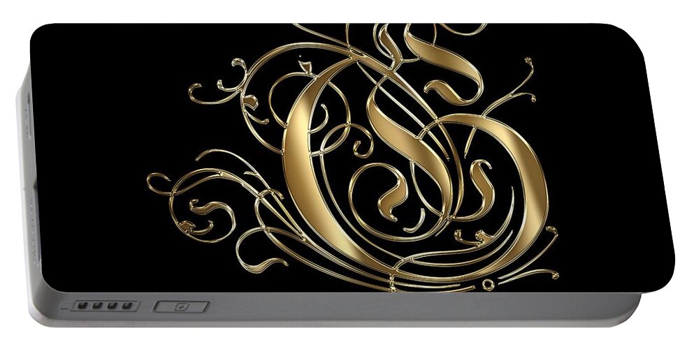 Gold Letter G Portable Battery Charger featuring the painting G Ornamental Letter Gold Typography by Georgeta Blanaru