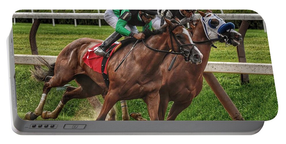 Race Horses Portable Battery Charger featuring the photograph Gaining by Jeffrey PERKINS