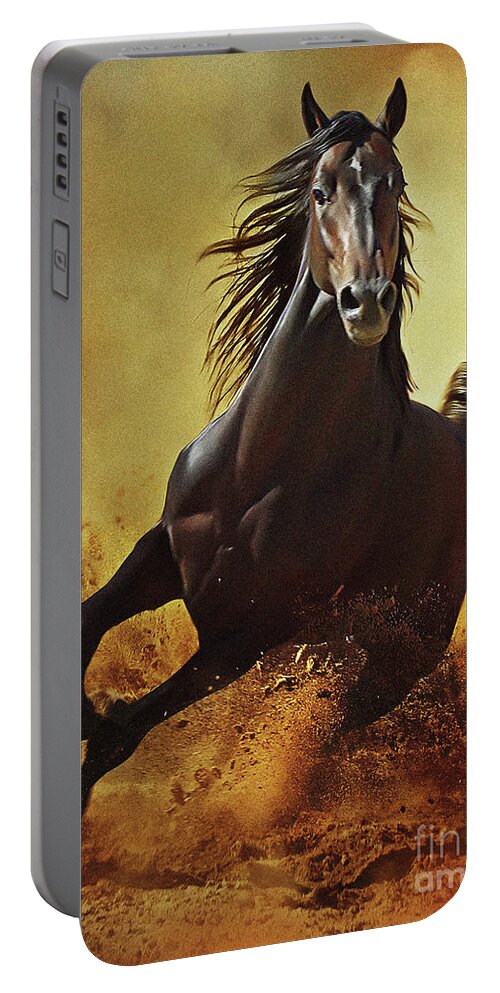 Horse Portable Battery Charger featuring the photograph Galloping Horse at Sunset in Dust by Dimitar Hristov