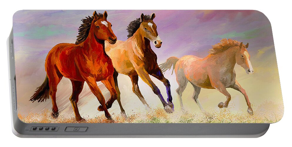 Horse Portable Battery Charger featuring the painting Galloping Horses by Anthony Mwangi