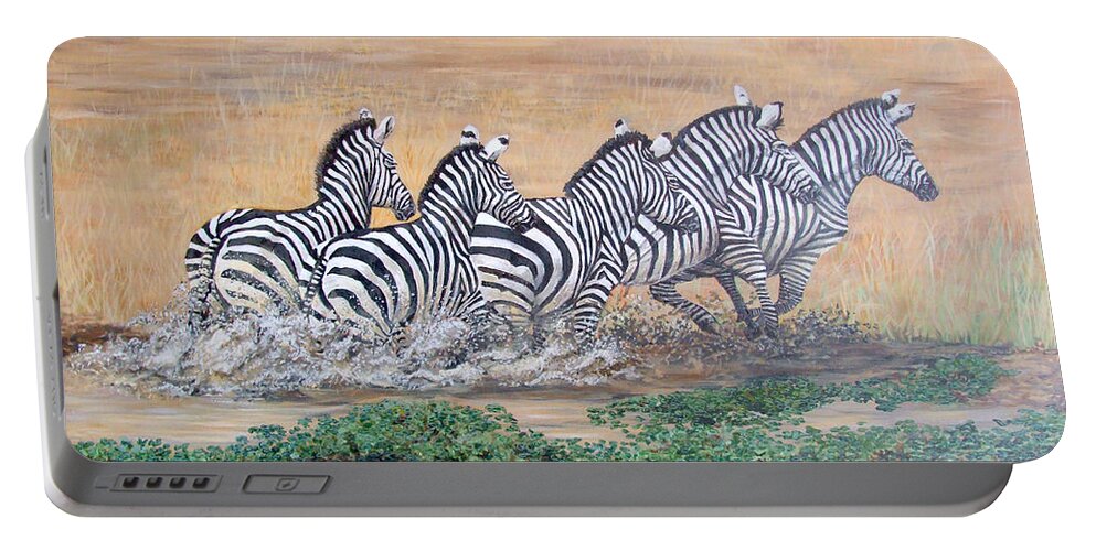 Zebra Portable Battery Charger featuring the painting Galloping Zebras by Mackenzie Moulton