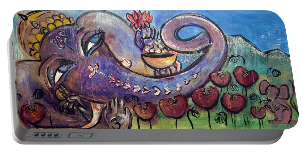 Purple Portable Battery Charger featuring the painting Ganesha with Poppies by Laurie Maves ART