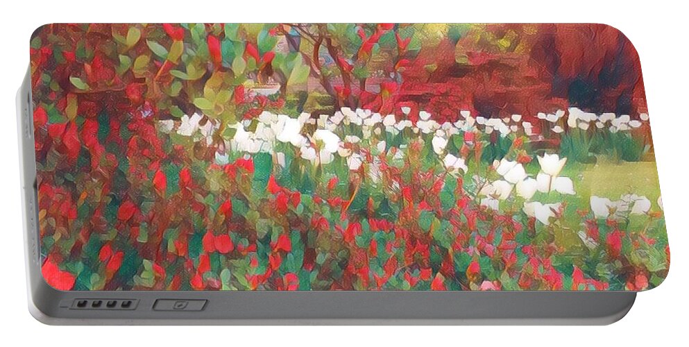 Gardens Of Spring Portable Battery Charger featuring the photograph Gardens of Spring - Tulips in Red and White by Miriam Danar