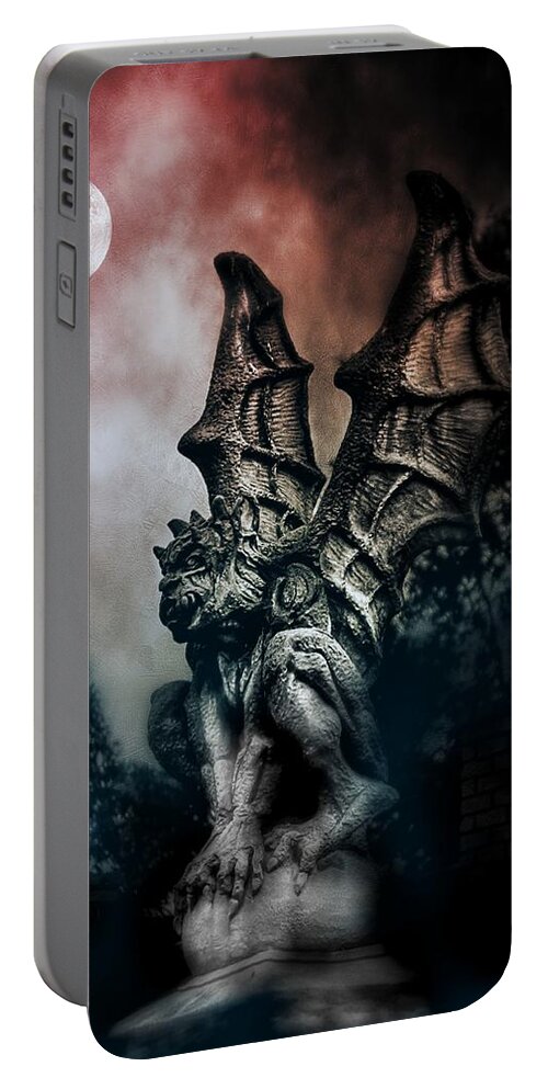 Gargoyle Portable Battery Charger featuring the photograph Gargoyle Blood Moon Sky Gothic by Melissa Bittinger