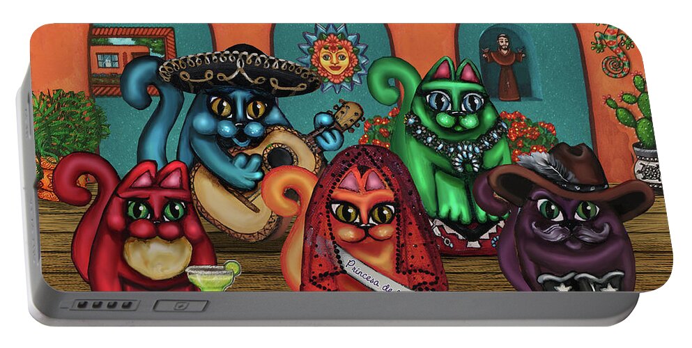 Hispanic Art Portable Battery Charger featuring the painting Gatos de Santa Fe by Victoria De Almeida