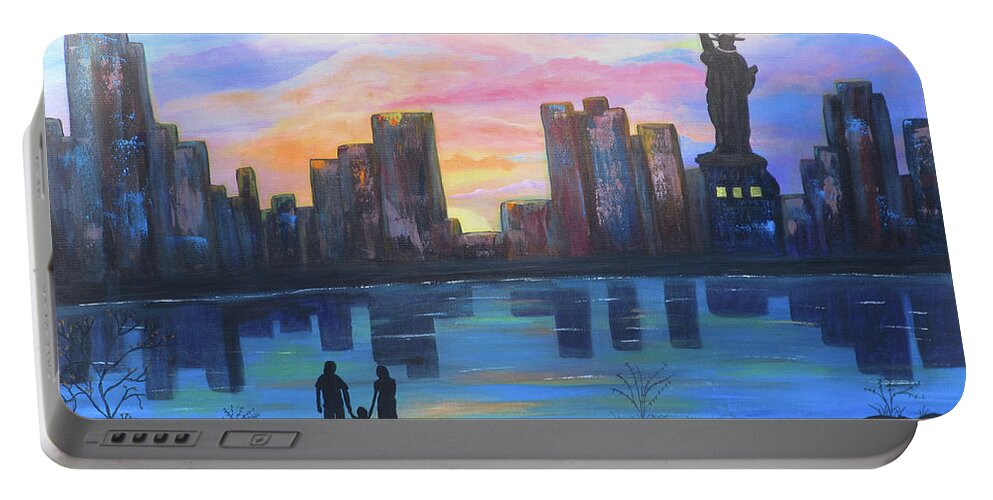Sunset Portable Battery Charger featuring the painting Gazing at Liberty by Mikki Alhart