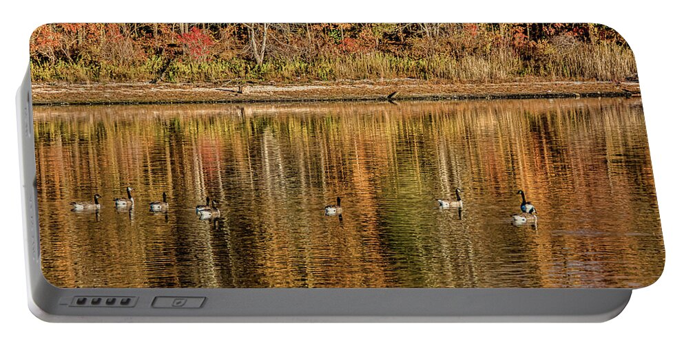 Lake Portable Battery Charger featuring the photograph Geese in Autumn by Cathy Kovarik