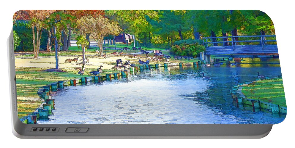 Destination Portable Battery Charger featuring the painting Geese In Pond 2 by Jeelan Clark