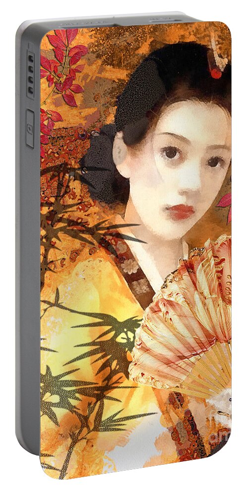 Geisha Portable Battery Charger featuring the painting Geisha with Fan by Mo T