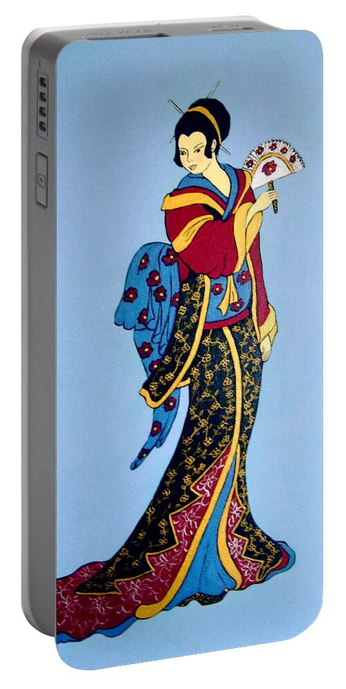 Geisha Portable Battery Charger featuring the painting Geisha with fan by Stephanie Moore
