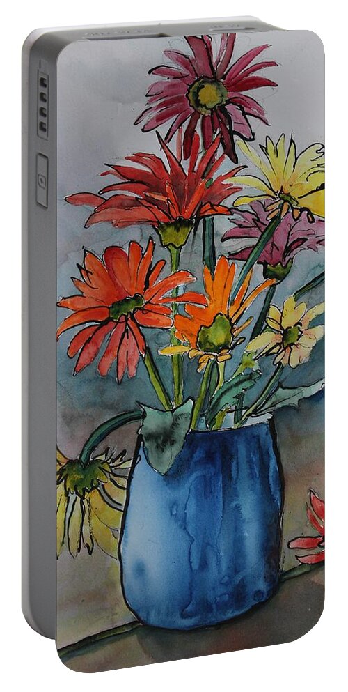 Flowers Portable Battery Charger featuring the painting Gerberas in a Blue Pot by Ruth Kamenev