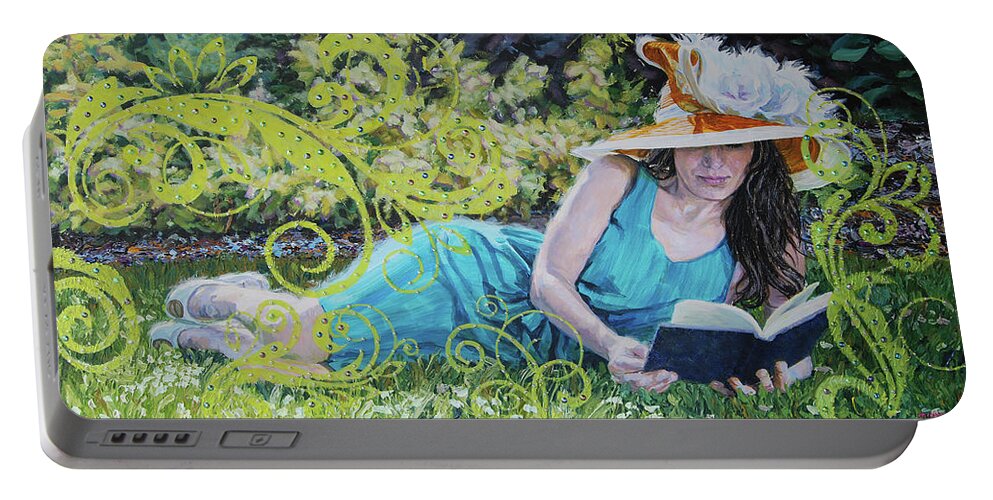 Reading Portable Battery Charger featuring the painting Girl Reading Book by Tommy Midyette