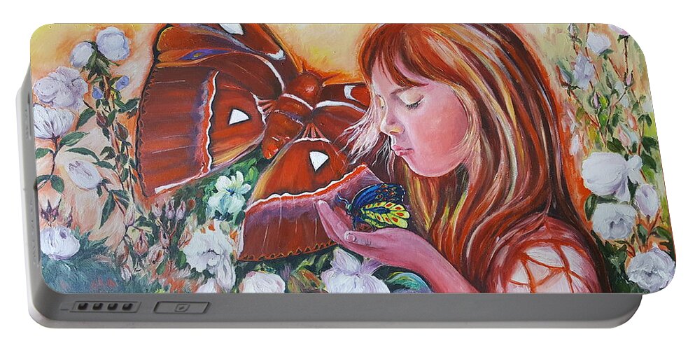 Girl Portable Battery Charger featuring the painting Girl with butterflies by Rita Fetisov