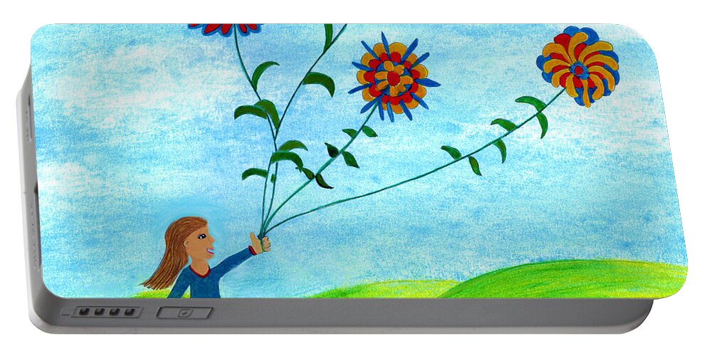 Landscape Portable Battery Charger featuring the digital art Girl With Flowers by Christina Wedberg
