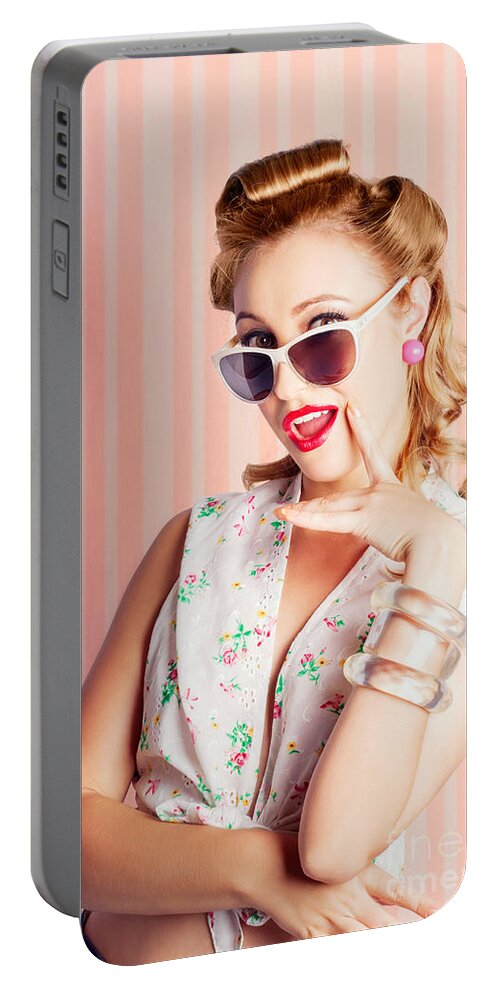 Retro Portable Battery Charger featuring the photograph Glamorous Retro Blonde Girl Thinking Fashion Ideas by Jorgo Photography