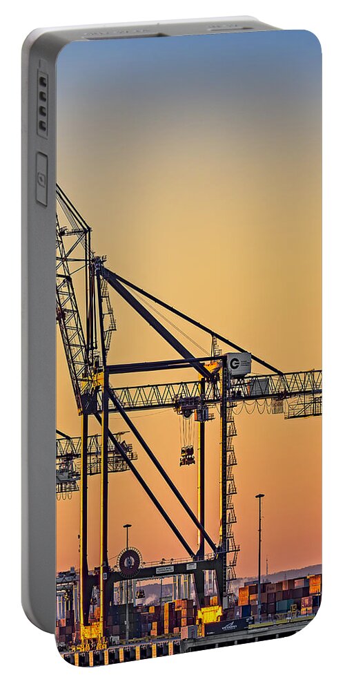 Crane Portable Battery Charger featuring the photograph Global Containers Terminal Cargo Freight Cranes by Susan Candelario