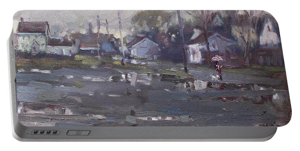 Gloomy Day Portable Battery Charger featuring the painting Gloomy and Rainy Day by Hyde Park by Ylli Haruni