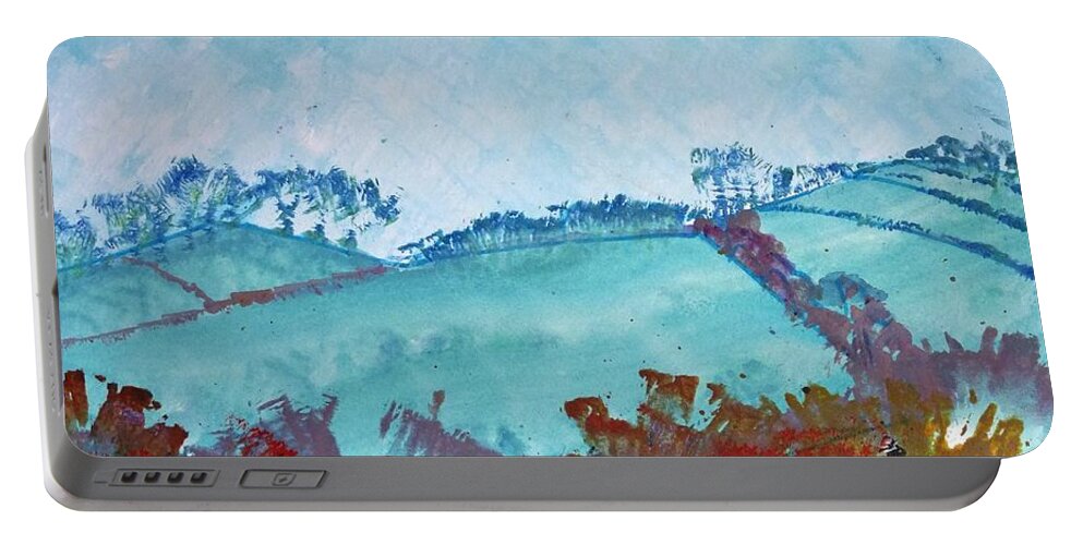 Gloomy Portable Battery Charger featuring the painting Gloomy overcast cloudy day Devon rolling hills by Mike Jory
