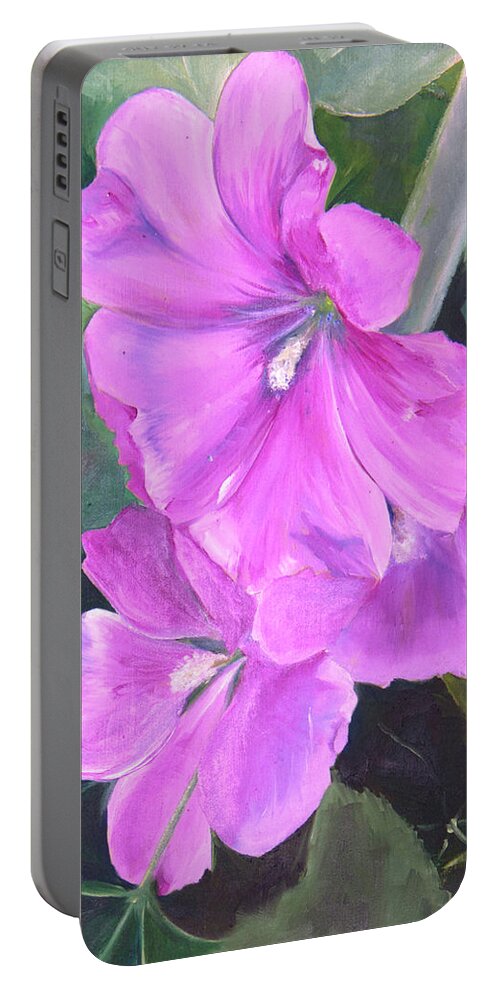 Hollyhocks Portable Battery Charger featuring the painting Glorious June by Nila Jane Autry