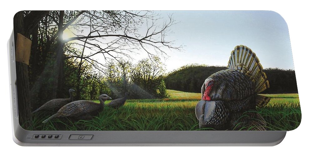 Turkey Portable Battery Charger featuring the painting Gobbler's Morning Dance by Anthony J Padgett