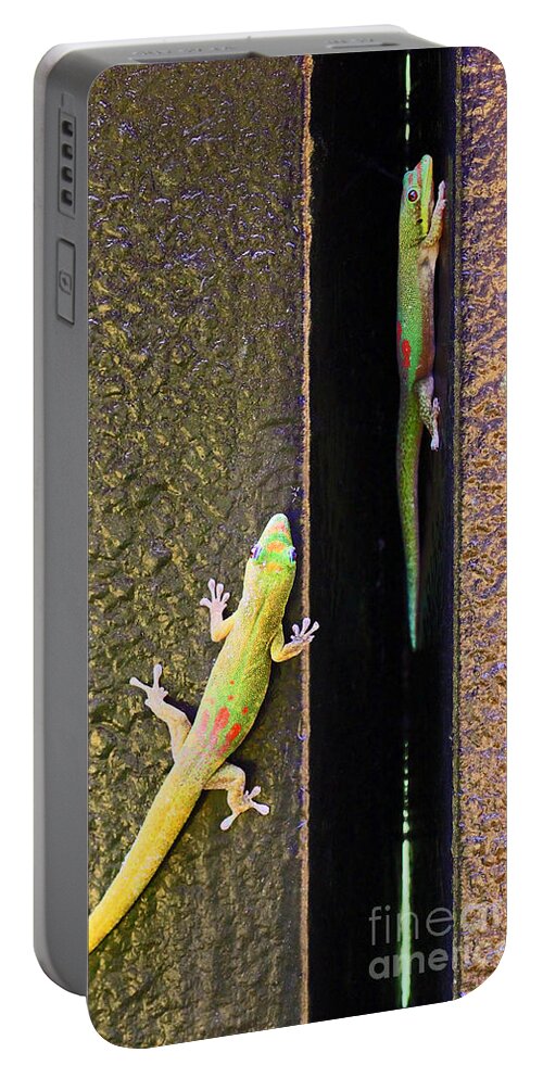 Gold Dust Day Geckos Portable Battery Charger featuring the photograph Gold Dusted Day Gecko by Jennifer Robin