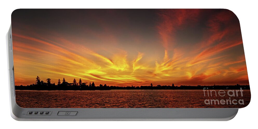 Gold Portable Battery Charger featuring the photograph Gold Fingers - Ocean Sunrise with Water Reflections. by Geoff Childs