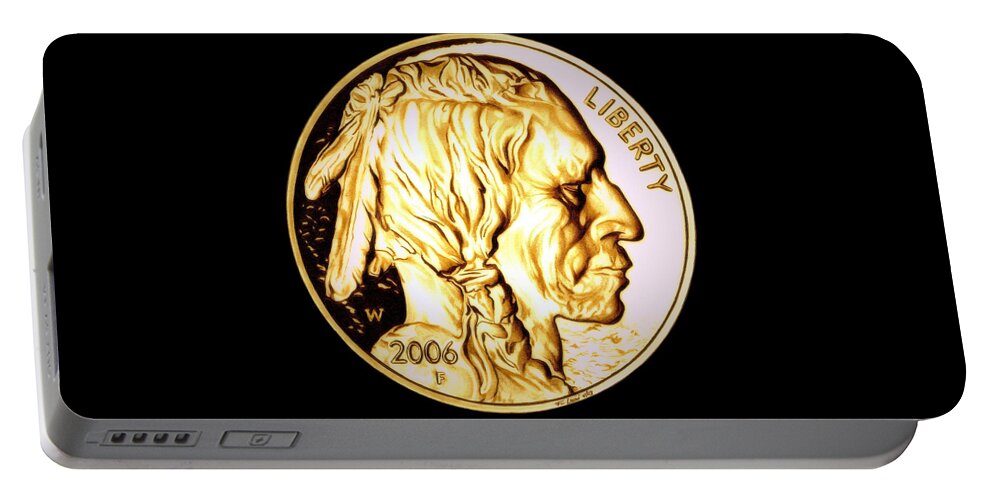 Coin Portable Battery Charger featuring the drawing Gold Nugget Buffalo Nickel by Fred Larucci
