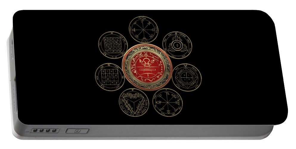 'sacred Symbols' Collection By Serge Averbukh Portable Battery Charger featuring the digital art Gold Seal of Solomon over Seven Pentacles of Saturn on Black Canvas by Serge Averbukh