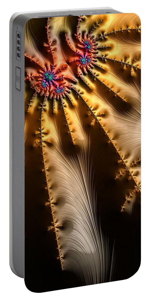 Gold Portable Battery Charger featuring the digital art Golden and orange fractal sun beams by Matthias Hauser