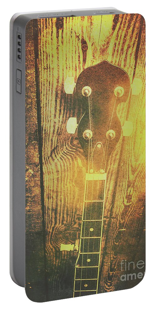 Banjo Portable Battery Charger featuring the photograph Golden banjo neck in retro folk style by Jorgo Photography
