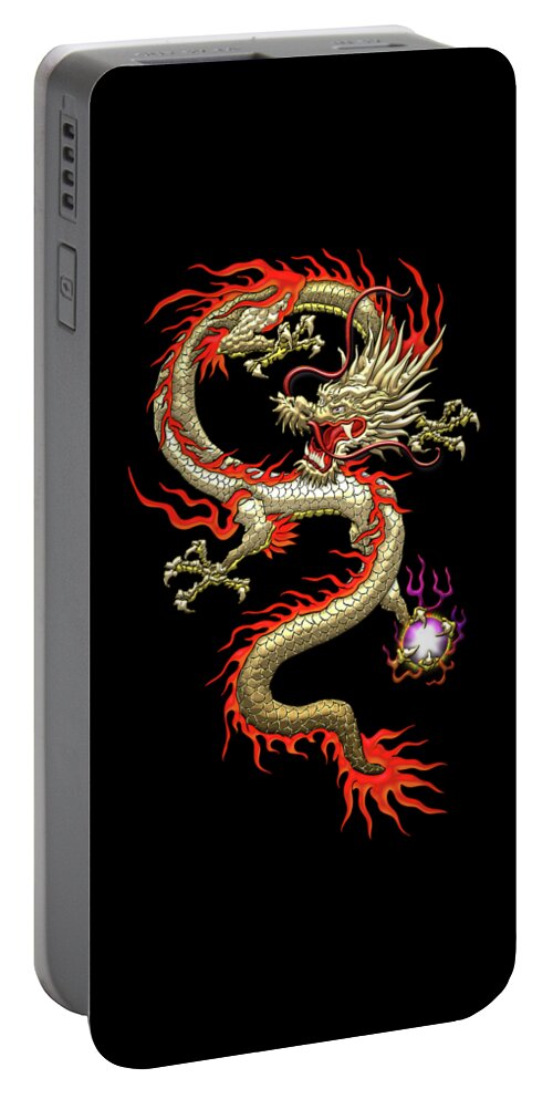 'treasures Of China' Collection By Serge Averbukh Portable Battery Charger featuring the digital art Golden Chinese Dragon Fucanglong on Black Silk by Serge Averbukh
