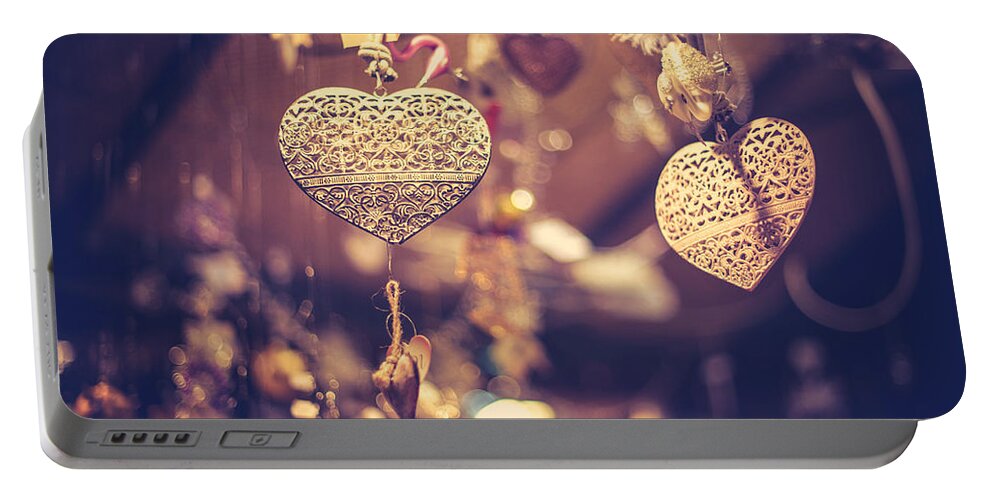 Jenny Rainbow Fine Art Photography Portable Battery Charger featuring the photograph Golden Christmas Hearts by Jenny Rainbow