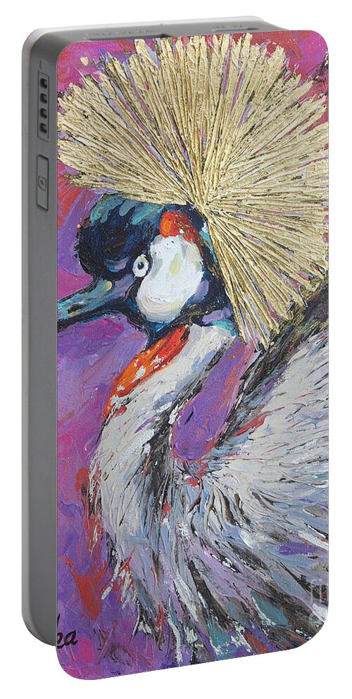 Grey Crowned Crane Portable Battery Charger featuring the painting Golden Crown by Jyotika Shroff