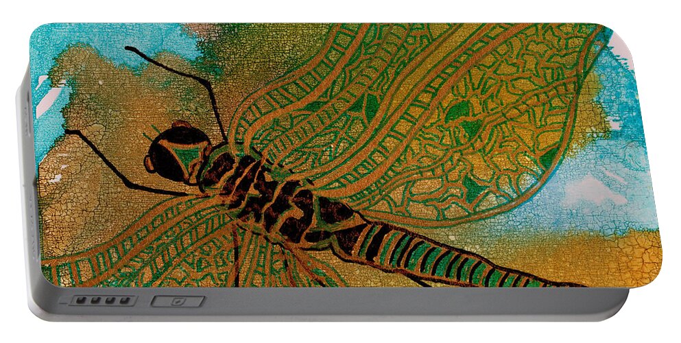 Dragonfly Portable Battery Charger featuring the mixed media Golden Dragonfly by Susan Kubes