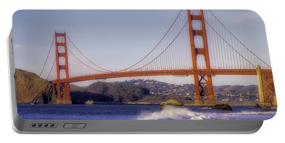 Golden Gate Bridge Tower Blue Sky Portable Battery Charger featuring the photograph Golden Gate Bridge Dusk by Garry Gay