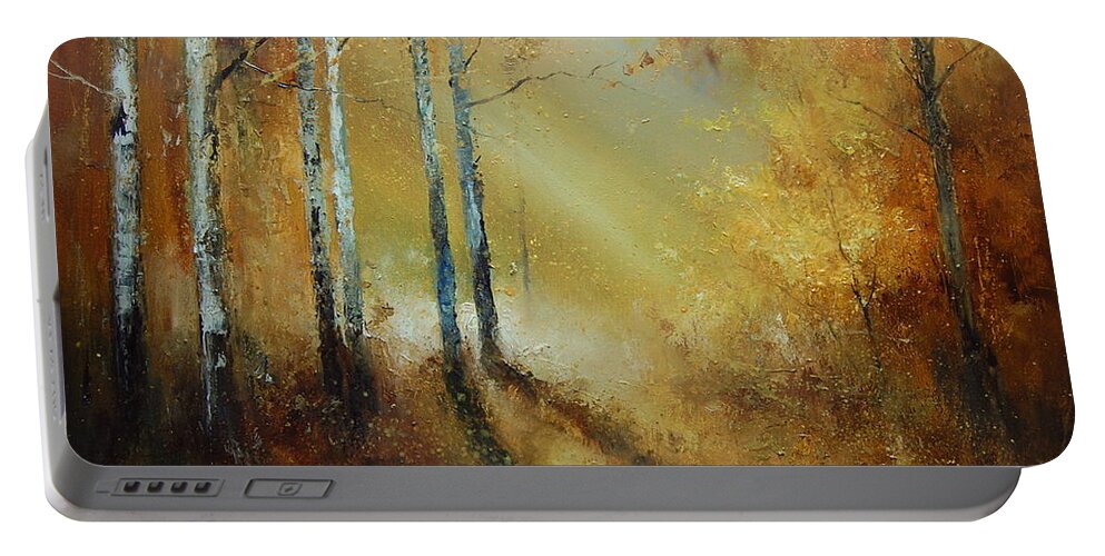 Russian Artists New Wave Portable Battery Charger featuring the painting Golden Light in Autumn Woods by Igor Medvedev