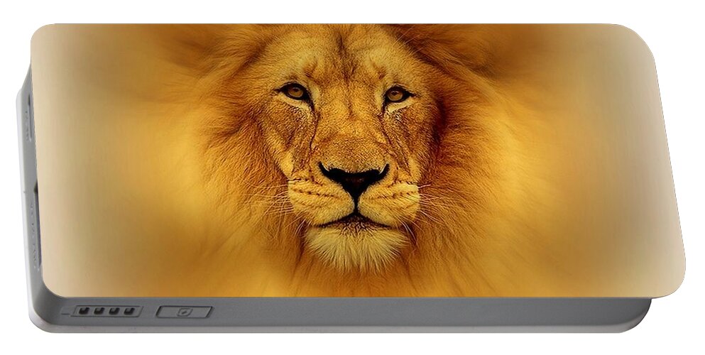 Lion Head Portable Battery Charger featuring the digital art Golden Lion by Lilia D