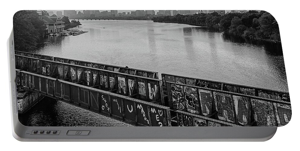 Boston Portable Battery Charger featuring the photograph Golden Sunrise over Boston from the BU Bridge Graffiti Train Tracks Boston MA Black and White by Toby McGuire