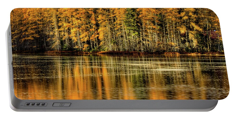 Golden Tamarack Reflections Portable Battery Charger featuring the photograph Golden Tamarack Reflections by David Patterson