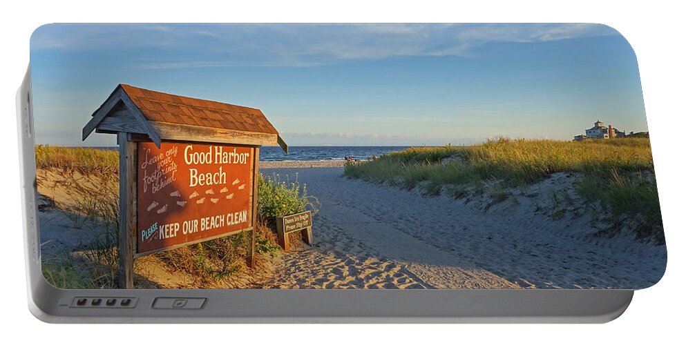 Gloucester Portable Battery Charger featuring the photograph Good Harbor Sign at Sunset by Toby McGuire