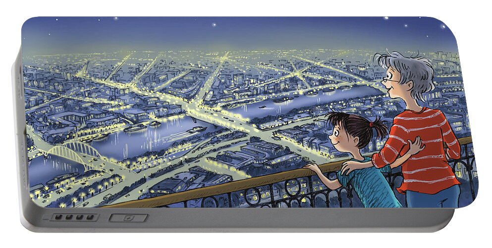 Paris Hop Portable Battery Charger featuring the digital art Good Night, Paris--No Text by Renee Andriani