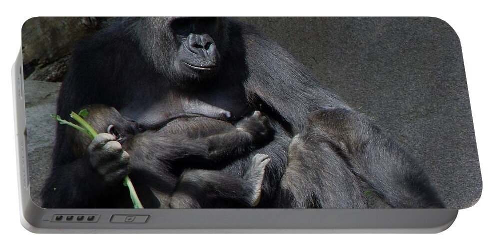 Gorilla Portable Battery Charger featuring the photograph Gorilla Mother Baby Contentment by Phyllis Spoor