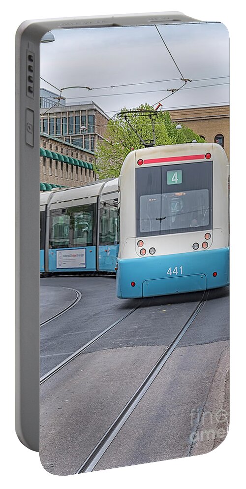 Tram Portable Battery Charger featuring the photograph Gothenburg Public Tram Turning the Corner by Antony McAulay