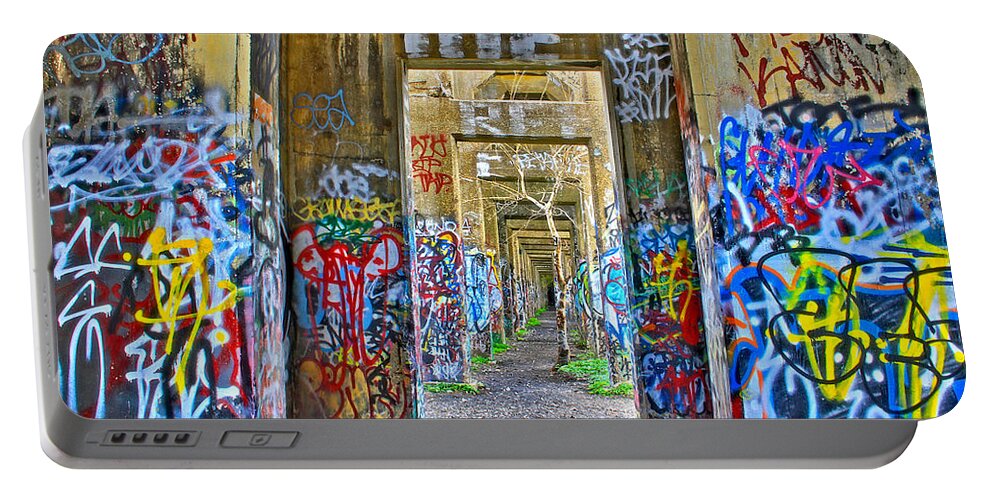 Grafiti Bridge Coal Piers Philadelphia Nowhere Pier Portable Battery Charger featuring the photograph Grafiti Bridge To Nowhere by Alice Gipson