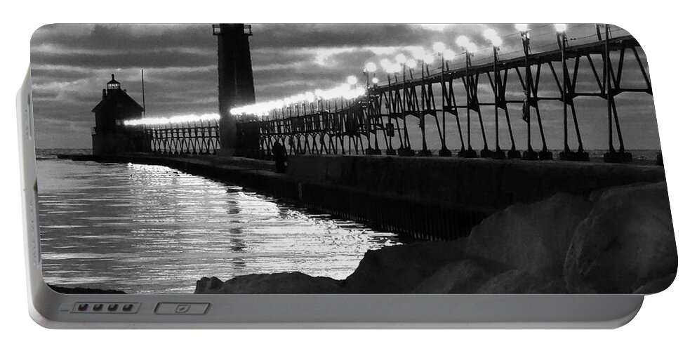 Evening Portable Battery Charger featuring the photograph Grand Haven Lighthouse Evening B W by David T Wilkinson